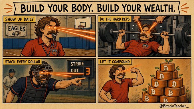 A four-panel comic illustration titled "BUILD YOUR BODY. BUILD YOUR WEALTH" featuring a mustachioed coach with laser eyes, showing panels labeled "SHOW UP DAILY," "DO THE HARD REPS," "STACK EVERY DOLLAR," and "LET IT COMPOUND" with Bitcoin money bags, credited to @BitcoinTeacher_.