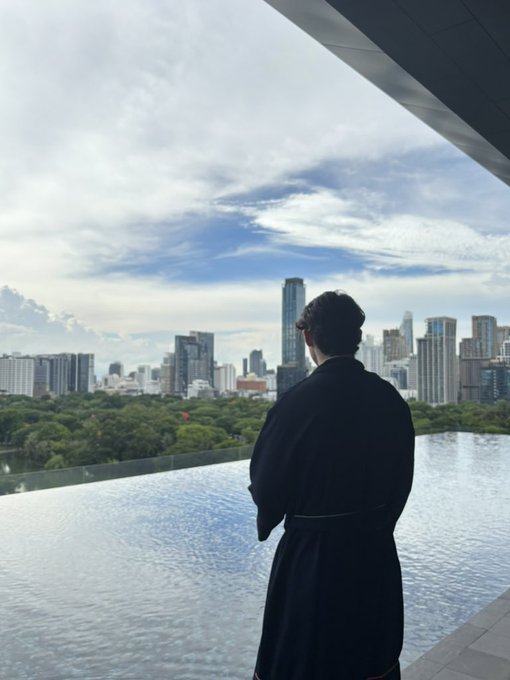 A person in a black robe stands with their back to the camera, looking out from an infinity pool over a city skyline under a partly cloudy sky.