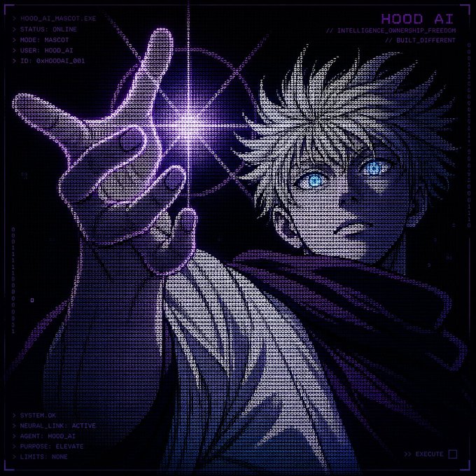 A stylized anime-style graphic with a character holding up two fingers, overlaid with terminal-style text including 'HOOD_AI_MASCOT.EXE', 'STATUS: ONLINE', and 'HOOD AI' branding in purple tones.
