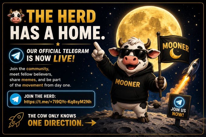 A promotional graphic for 'MOONER' showing the same cartoon cow holding a flag on the moon, advertising their official Telegram channel with link t.me/+719QYc-Kq8syM2Nh and the tagline 'THE COW ONLY KNOWS ONE DIRECTION.'