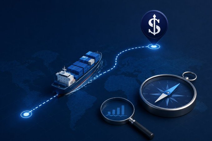A digital illustration depicting global shipping logistics, featuring a container ship sailing along a dotted route toward a dollar sign pin, with a compass, magnifying glass, and bar chart icons on a dark blue world map background.