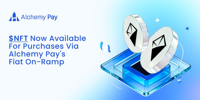 Promotional banner for Alchemy Pay announcing “$NFT Now Available For Purchases Via Alchemy Pay’s Fiat On-Ramp.” The graphic, with Ethereum coins on a digital platform, illustrates the post’s message that AINFTcom’s NFT is accessible through Alchemy Pay’s fiat on-ramp, connecting AI/Web3 blockchain technology with an easier purchasing entry point.
