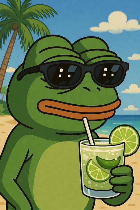 A cartoon illustration shows a green frog wearing black sunglasses, sipping a green beverage garnished with lime slices through a straw on a sunny beach with palm trees.