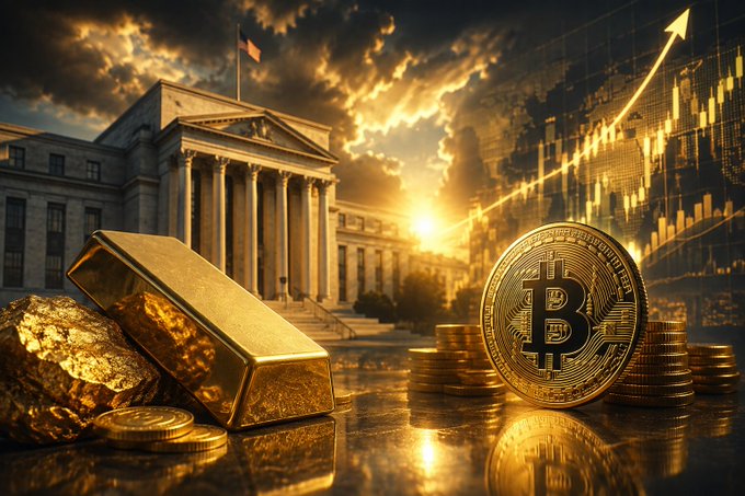 A dramatic composite image showing golden bars and a Bitcoin coin in the foreground with a courthouse, rising stock charts, and a sunset sky in the background.