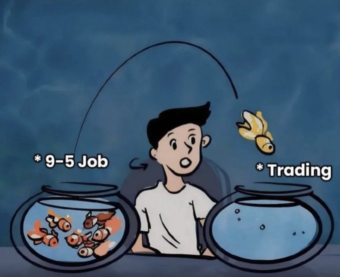 A cartoon illustration showing a person taking a goldfish out of a fishbowl labeled '9-5 Job' and placing it into an empty bowl labeled 'Trading'.