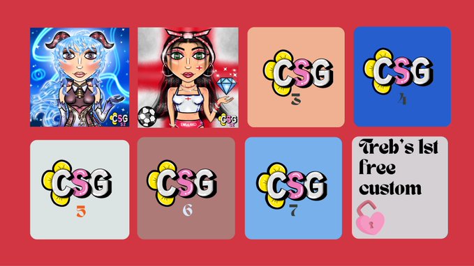 A grid of colorful app icons featuring anime-style characters and 'CSG' logos numbered 5-7, along with a custom icon labeled 'Treb's 1st free custom' with a pink heart padlock.