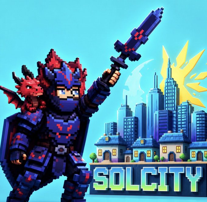 Pixel art illustration of a red-haired warrior with a small dragon companion holding a sword, with "SOLCITY" displayed below a cityscape.