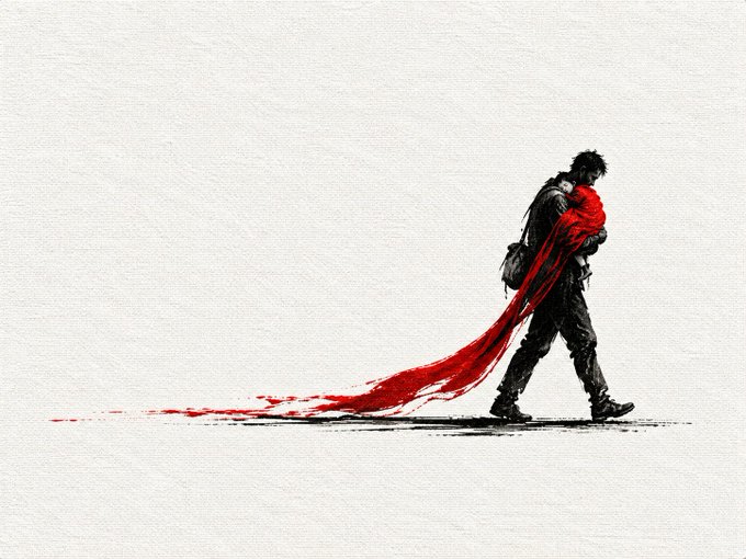 A stylized, minimalist illustration of a solitary figure walking while draped in a flowing red cloak against a stark white background.