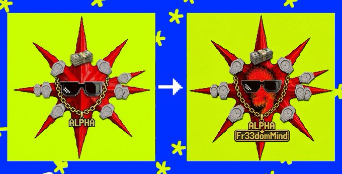 A before-and-after image showing a red spiked star emblem with sunglasses, chains, and an 'ALPHA' tag transforming into a darker version labeled 'ALPHA Fr33domMind' on a neon yellow and blue background.