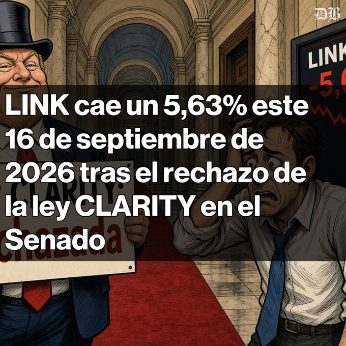 A cartoon depicting a worried man in a tie next to a smiling figure holding a 'CLARITY' sign in a government building hallway, with overlaid text: 'LINK cae un 5,63% este 16 de septiembre de 2026 tras el rechazo de la ley CLARITY en el Senado'.