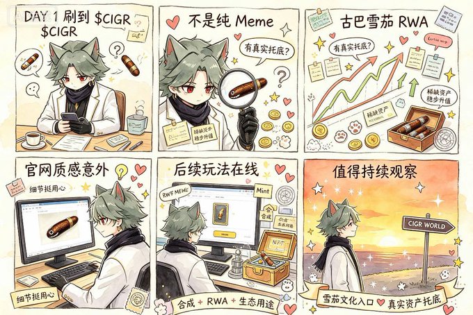 A six-panel anime-style comic featuring a cat-eared character in a lab coat exploring the crypto token $CIGR, with Chinese text including '不是纯Meme' (Not a pure Meme) and '古巴雪茄 RWA' (Cuban Cigar RWA).
