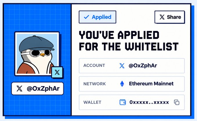 A graphic showing a whitelist application confirmation with an account '@OxZphAr', network 'Ethereum Mainnet', and a wallet address.
