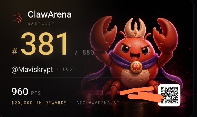 A digital graphic for 'ClawArena WAITLIST' showing rank '#381 / 886' for user '@Maviskrypt' under the DUST category, with 960 PTS and a cartoon crab mascot.