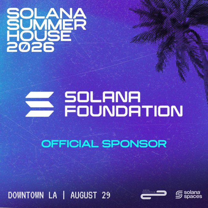 A promotional poster for the Solana Summer House 2026 event in Downtown LA on August 29, featuring the Solana Foundation as an official sponsor against a blue gradient background with palm tree silhouettes.