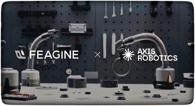 A promotional banner showing 'FEAGINE x AXIS ROBOTICS' over a background image of robotic arms on a workbench with tools on a pegboard wall.