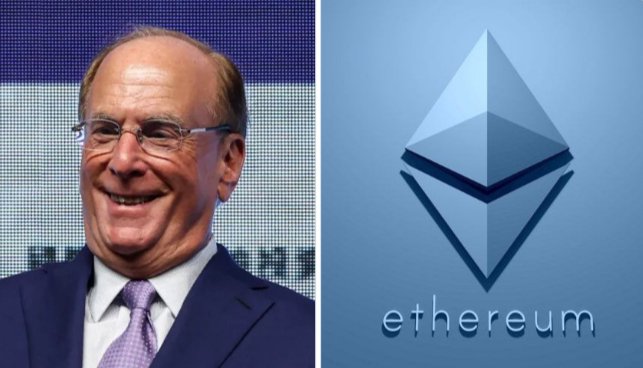 The image is a split composition showing Larry Fink, CEO of BlackRock, smiling on the left, alongside the Ethereum logo (the diamond-shaped symbol with the word "ethereum") on the right, visually illustrating the post's announcement about BlackRock launching Ethereum-based tokenized share classes for its European money market funds.