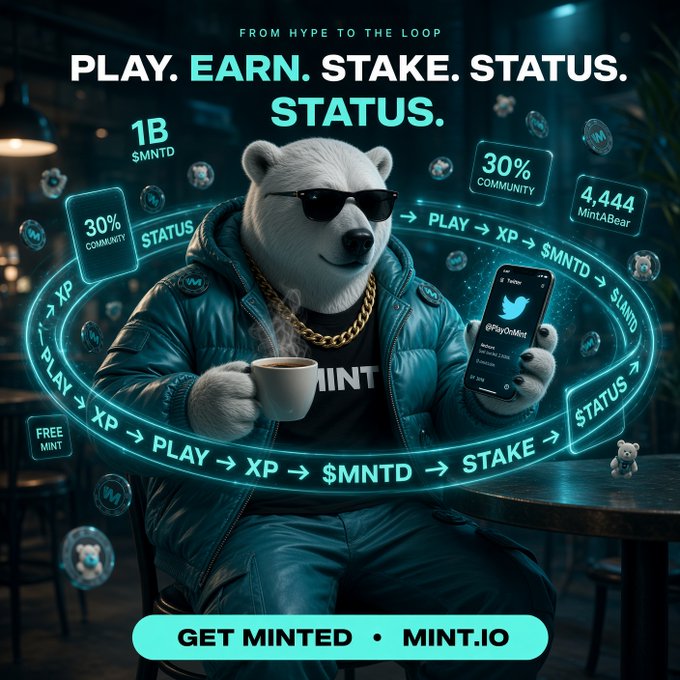 A promotional crypto advertisement featuring a bear in sunglasses holding coffee and a phone displaying Twitter, with the text 'PLAY. EARN. STAKE. STATUS.' and 'GET MINTED • MINT.IO'.