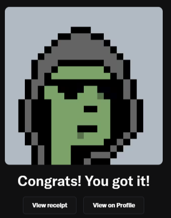 A pixel-art style avatar of a green Bitcoin-like logo wearing a grey astronaut helmet, with the text 'Congrats! You got it!' and buttons for 'View receipt' and 'View on Profile'.