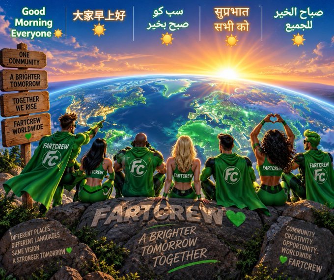 An illustrated graphic features a group of people in green 'FARTCREW' capes looking at Earth, with 'Good Morning Everyone' written in multiple languages and messages of unity.