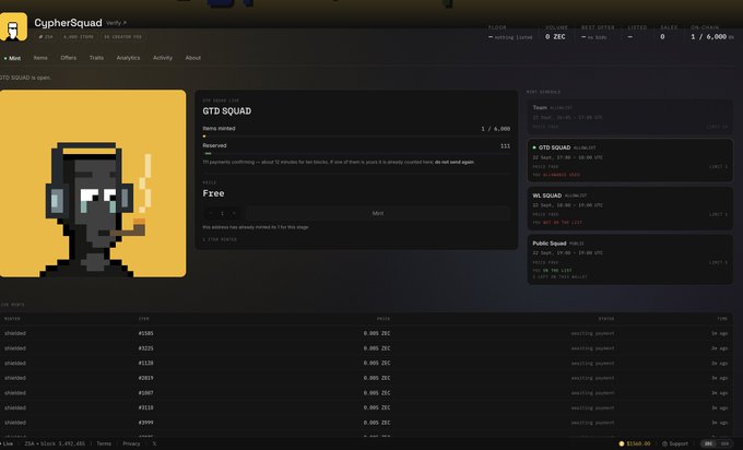 A screenshot of an OpenSea NFT marketplace page for the 'GTD SQUAD' collection by CypherSquad, showing a pixelated character with a cigar, trading statistics, and recent sales listings.