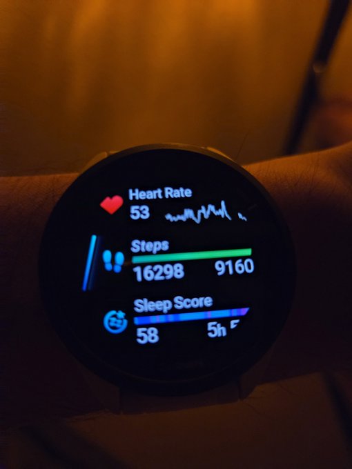 A smartwatch on a wrist displays health metrics including a heart rate of 53 bpm, 16,298 daily steps (matching the "Daily steps" post), a goal progress of 9,160 steps, a sleep score of 58, and 5 hours of sleep.
