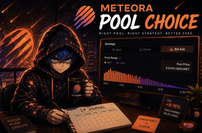 An anime-style promotional graphic titled 'METEORA POOL CHOICE' with the tagline 'RIGHT POOL. RIGHT STRATEGY. BETTER FEES.', featuring a hooded character at a desk with a chart showing Bid Ask strategy and a pool price of 0.6743 USDC/MET.