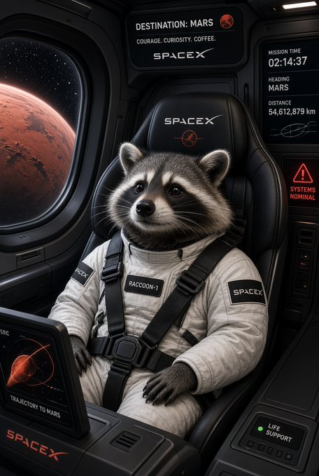 A digital illustration of a raccoon wearing a SpaceX spacesuit with 'RACCOON-1' and 'SPACEX' patches, sitting inside a spacecraft cockpit with Mars visible through the window; displays show 'DESTINATION: MARS', 'MISSION TIME 02:14:37', 'DISTANCE 54,612,879 km', and 'SYSTEMS NOMINAL'.