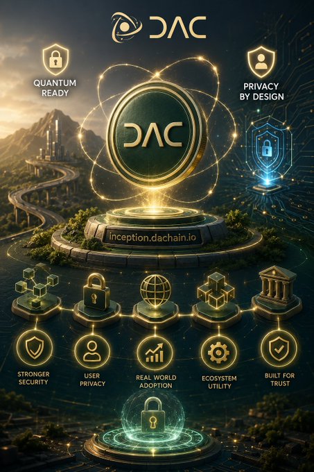 A promotional infographic for DAC (dachain.io) featuring a glowing emblem with atomic-like rings, highlighting features like 'Quantum Ready,' 'Privacy by Design,' 'Stronger Security,' 'User Privacy,' 'Real World Adoption,' 'Ecosystem Utility,' and 'Built for Trust.'