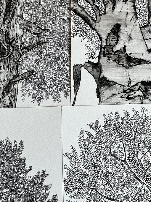 The image features a black and white art piece that showcases four different trees, each with unique shapes and sizes. These trees are depicted as leafless branches against a brown background, creating an interesting contrast between the natural elements of the artwork and the monochromatic color scheme. The artist has used various techniques to capture the essence of these trees in their drawings, making it a visually appealing piece that showcases the beauty of nature.

The post on which this image is displayed reads: "Gm New collection dropping today on @manifoldxyz". This indicates that the artwork is part of a new collection posted by the artist on social media platforms or other online channels. The post also mentions that the art piece was created in black and white, adding to its visual appeal and making it an interesting subject for viewers who appreciate the contrast between light and shadow.