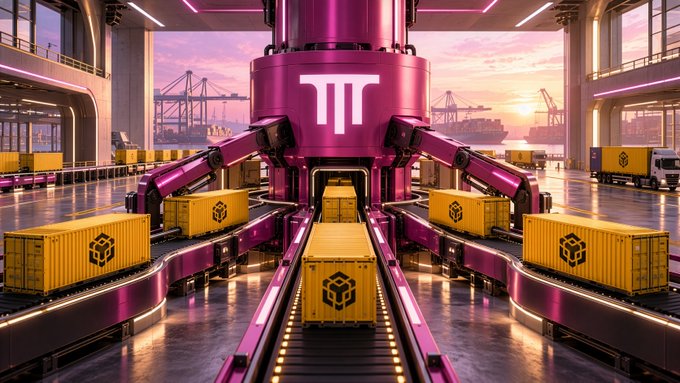 A futuristic 3D rendering of a pink industrial logistics facility with the Pi Network logo prominently displayed on a central pillar, featuring conveyor belts carrying yellow containers stamped with cube symbols, set against a port/shipping background at sunset.