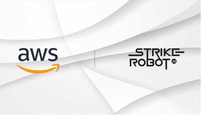 The image displays the AWS logo on the left alongside the "Strike Robot AI" logo on the right, separated by a vertical line, set against a white geometric background—visually celebrating Strike Robot AI's acceptance into the AWS Global Startup Program. This aligns with the post, which highlights how the company met AWS's institutional-funding requirement through its Automated Capital Formation (ACF) initiative.