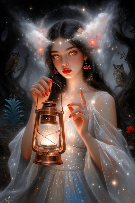 A digital painting of a young woman with long dark hair holding a glowing lantern, surrounded by sparkles, owls, and floating flowers in a mystical forest setting.