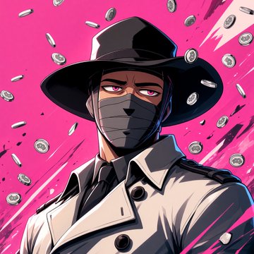 An anime-style illustration depicts a character wearing a black fedora and gray face mask against a vibrant pink background with floating coins.