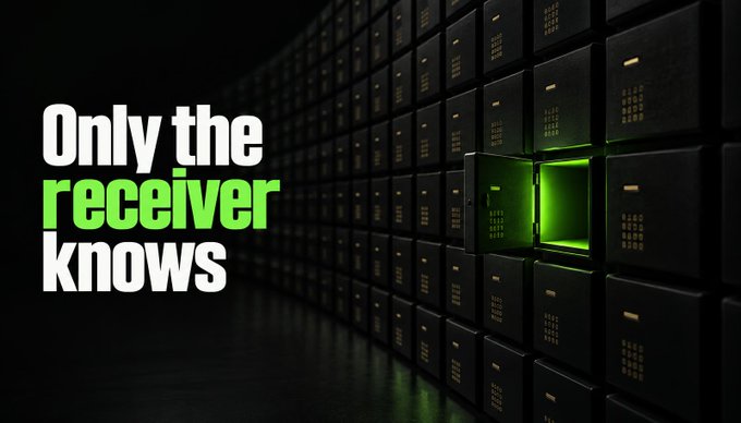 Promotional graphic with text "Only the receiver knows" displayed over an image of black safe deposit boxes, one of which glows with bright green light.