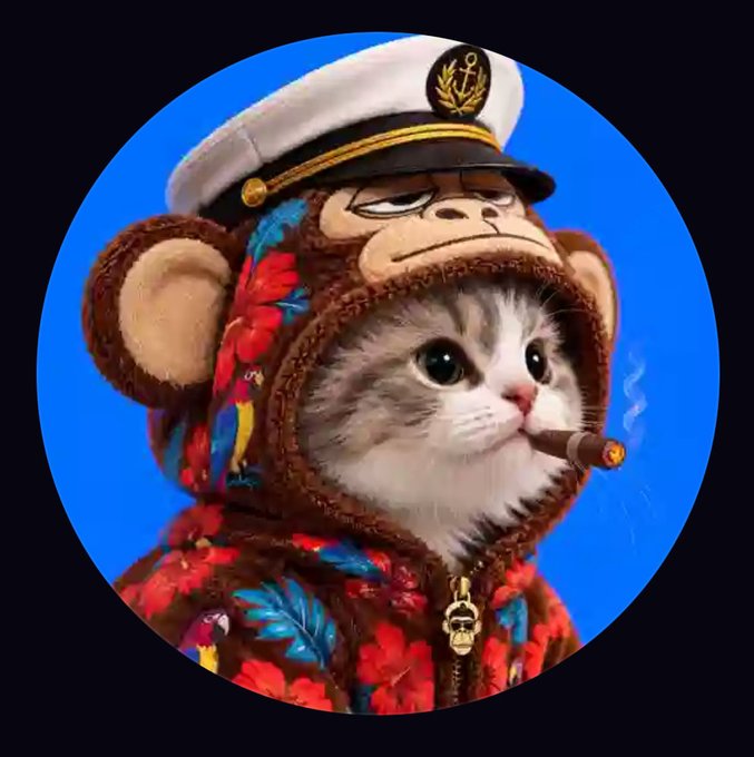 A digital illustration shows a cute kitten wearing a colorful floral monkey-themed hoodie and a white sailor captain's hat with an anchor emblem, smoking a cigar against a bright blue background.