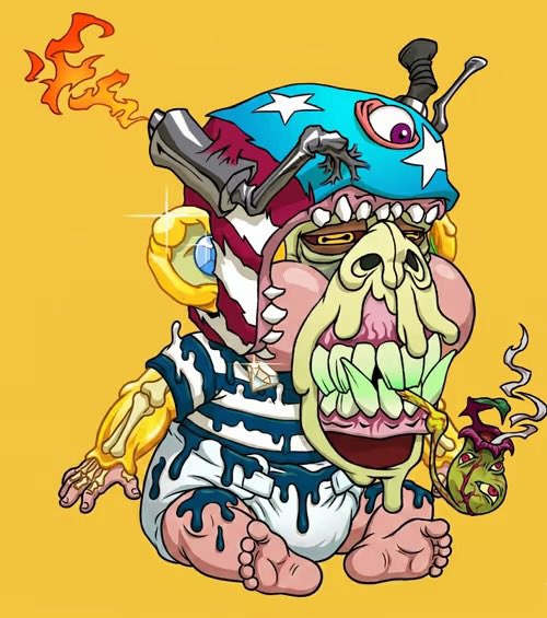 A grotesque cartoon illustration depicts a crazed, diaper-wearing baby holding a dripping skull mask, a golden ring, and a bomb, set against a yellow background.