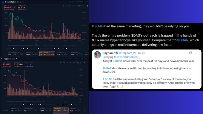 A screenshot showing $DAG Constellation and $IMX token charts down significantly, alongside commentary blaming 'meme hype fanboys' for $DAG's performance compared to $HBAR's real influencer-driven marketing.