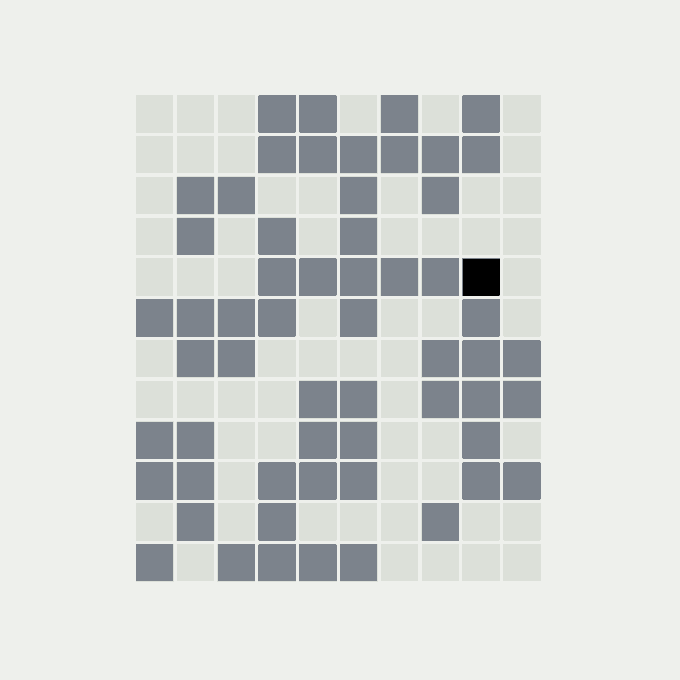 Abstract pixelated image showing a grid of blue, gray, and white squares with a single black square on the right side.