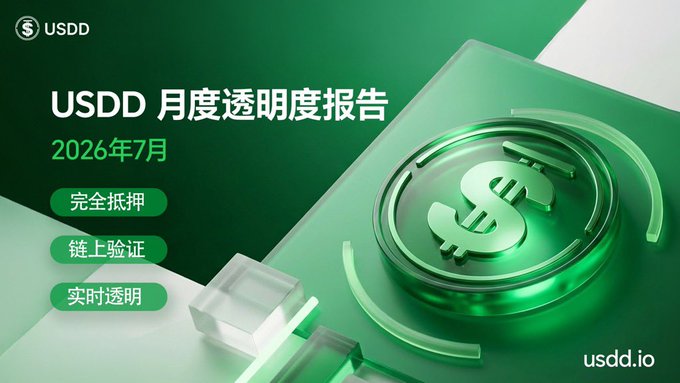 A green promotional graphic for the "USDD 月度透明度报告 2026年7月" (USDD Monthly Transparency Report, July 2026), featuring the USDD logo, a 3D dollar sign emblem, and feature tags highlighting "完全抵押" (fully collateralized), "链上验证" (on-chain verification), and "实时透明" (real-time transparency), with the website usdd.io displayed in the corner.