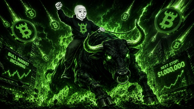 A green-tinted illustration of a person in a Wojak mask riding a charging black bull amid Bitcoin symbols, with text reading 'BULL MARKET INCOMING' and 'NEXT STOP: $1,000,000'.