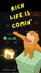 A meme-style vertical image features Dobby the house elf dancing on a stack of green money with the text 'RICH LIFE IS COMIN'' and a '+6.20' Bitcoin-style ticker.