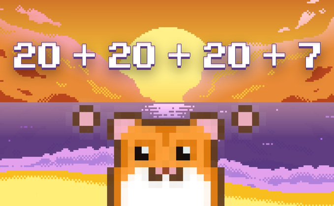 A pixel art hamster appears below a math puzzle showing "20 + 20 + 20 + ?" against a sunset background. The accompanying post hints that the answer requires writing out the number in words, suggesting the viewer solve the equation to unlock a promocode for rollercoin.com.