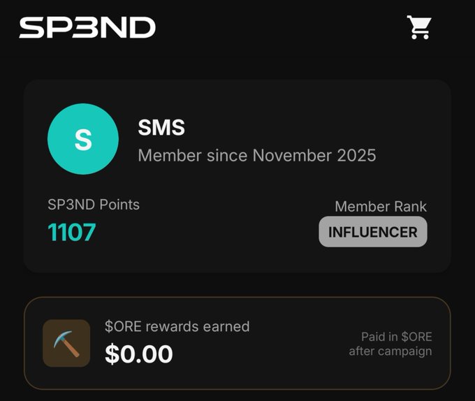 An SP3ND membership profile for user 'SMS' showing 1107 SP3ND Points, an 'INFLUENCER' rank, and $0.00 in $ORE rewards earned.