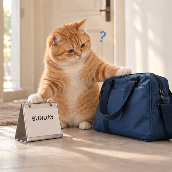 An orange tabby cat sits on a tiled floor looking confused (with a question mark above its head) next to a blue duffel bag and a desk calendar displaying 'SUNDAY'.