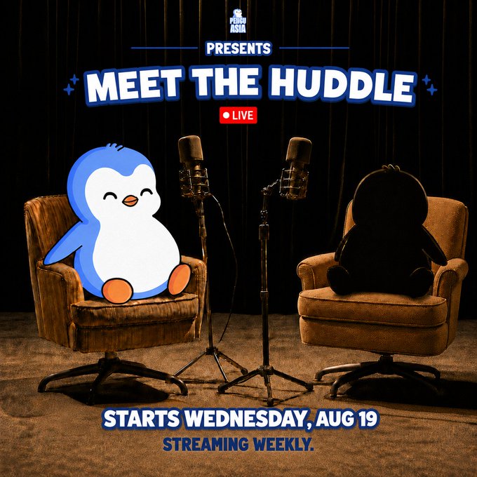 Pengu Asia announces a new live podcast series called "Meet The Huddle," featuring the iconic blue penguin mascot seated across from a shadowed figure in an interview-style setup, with two microphones between them. The promotional graphic includes a "Live" indicator and announces the show starts Wednesday, August 19, streaming weekly—aligning with the team's initiative to share community members' unique building stories.