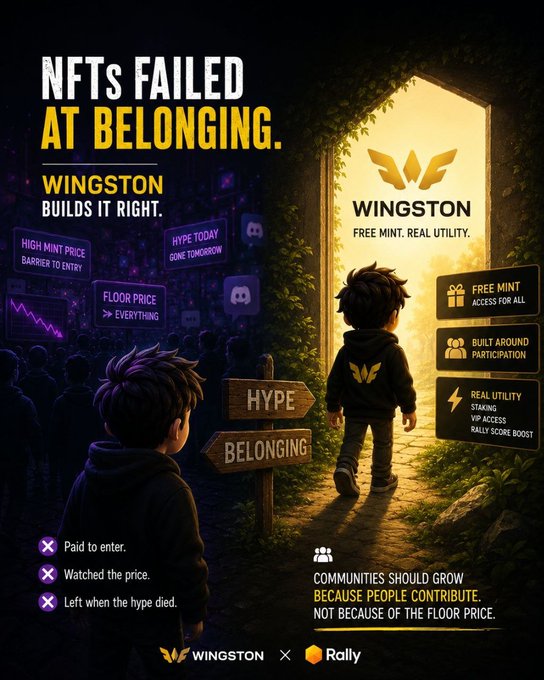 The image is a promotional graphic for "WINGSTON" with the headline "NFTs FAILED AT BELONGING. WINGSTON BUILDS IT RIGHT." and "FREE MINT. REAL UTILITY." It contrasts the failed NFT model (shown on the left with a dark crowd and labels like "HIGH MINT PRICE BARRIER TO ENTRY," "HYPE TODAY GONE TOMORROW," and "FLOOR PRICE > EVERYTHING") with Winston's approach (shown on the right with a single figure walking through a doorway, featuring "FREE MINT ACCESS FOR ALL," "BUILT AROUND PARTICIPATION," and "REAL UTILITY: STAKING, VIP ACCESS, RALLY SCORE BOOST"). A signpost in the middle points to "HYPE" and "BELONGING," with text emphasizing "COMMUNITIES SHOULD GROW BECAUSE PEOPLE CONTRIBUTE, NOT BECAUSE OF THE FLOOR PRICE," and is co-branded with