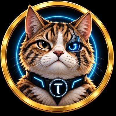 A stylized digital illustration of a tabby cat with a blue glowing cybernetic eye, wearing a collar with the letter 'T', set against a dark background with a gold circular frame and blue neon rings.