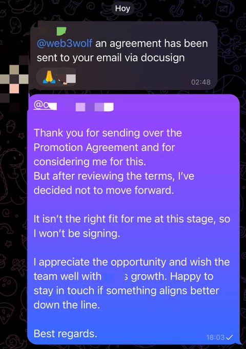 A Twitter DM conversation showing a message from @web3wolf about an agreement sent via DocuSign, followed by a reply declining a Promotion Agreement: 'Thank you for sending over the Promotion Agreement and for considering me for this. But after reviewing the terms, I've decided not to move forward.'