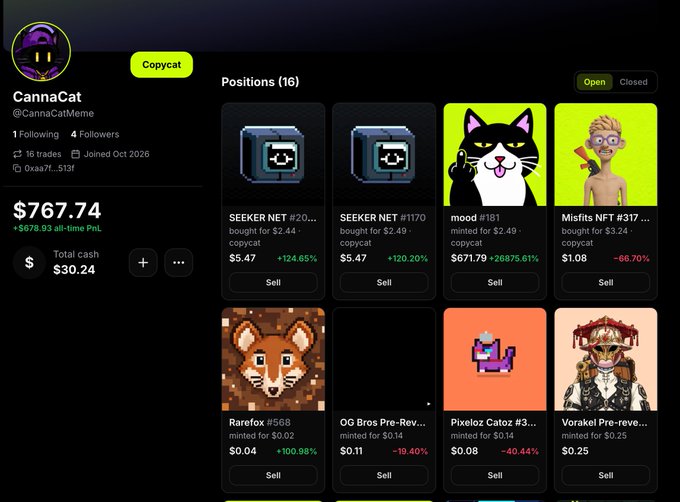 A screenshot of a copycat trading profile for 'CannaCat' (@CannaCatMeme) showing a $767.74 total PnL and 16 open NFT positions including SEEKER NET, mood #181, and Rarefox #568.