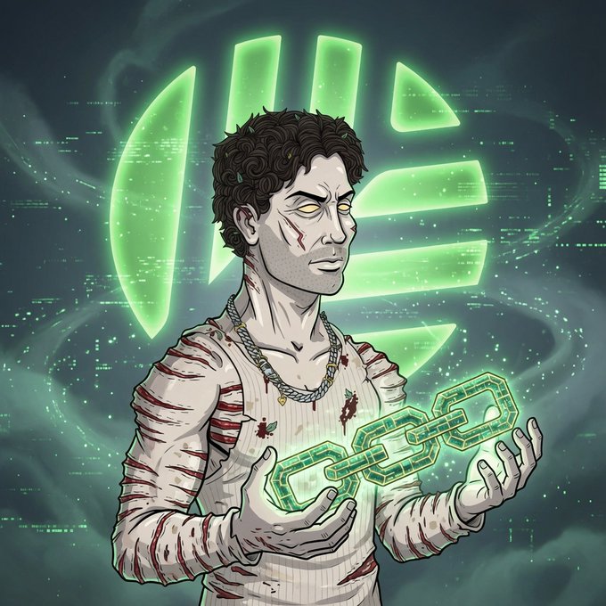 A digital illustration of a bandaged man with curly hair holding a glowing green chain, with a green Adidas logo and digital code patterns in the background.
